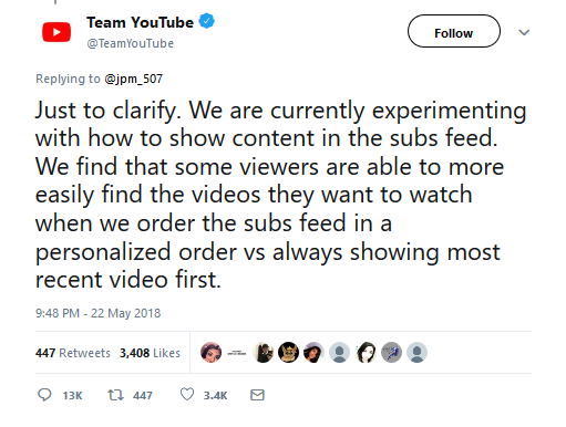Screenshot-2018-6-8 Team YouTube on Twitter Just to clarify We are currently experimenting with how to show content in the [...].png